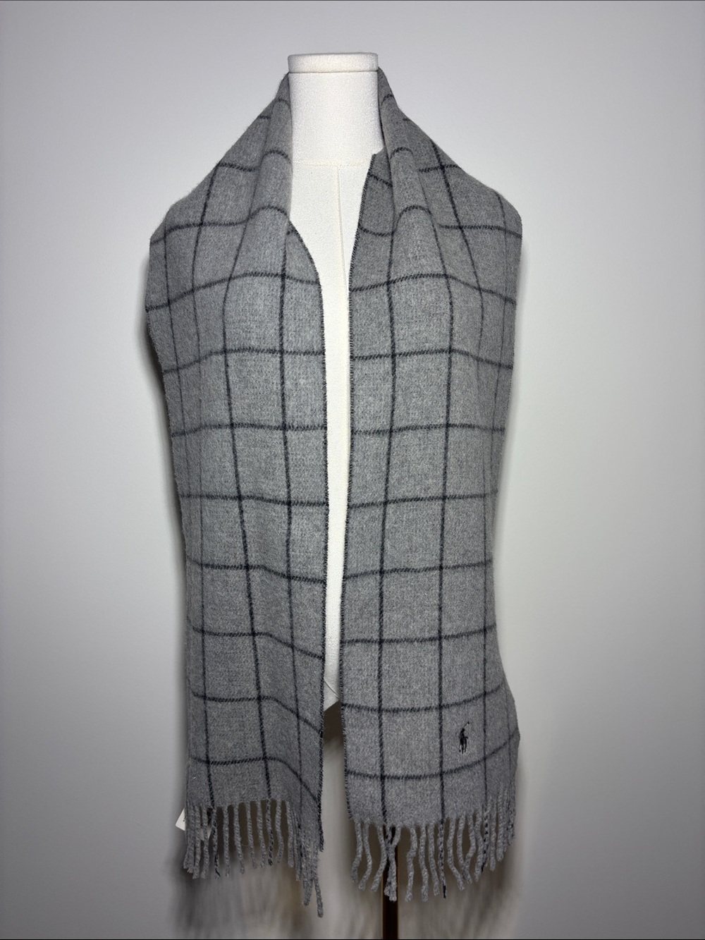 Polo Ralph Lauren Gray Windowpane Plaid Wool Scarf